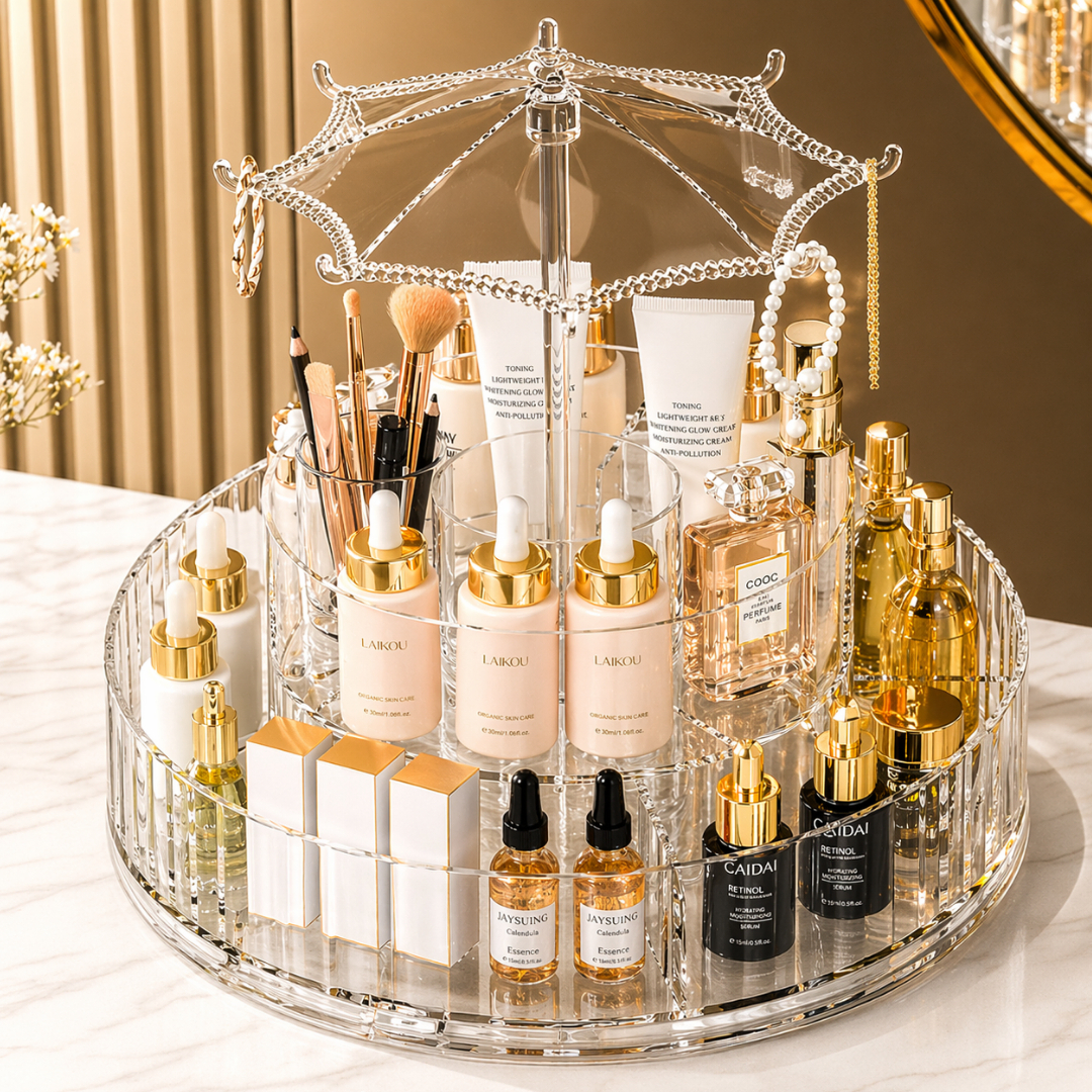 360-Degree Rotating Carousel-Shaped Cosmetics Organizer, Doyingus Makeup Organizer Tray, 360 Rotating Cosmetics Display Case, 2 Tier Clear Makeup Brush Holder, Skincare Storage Tray for Vanity Bathroom Counter Dresser