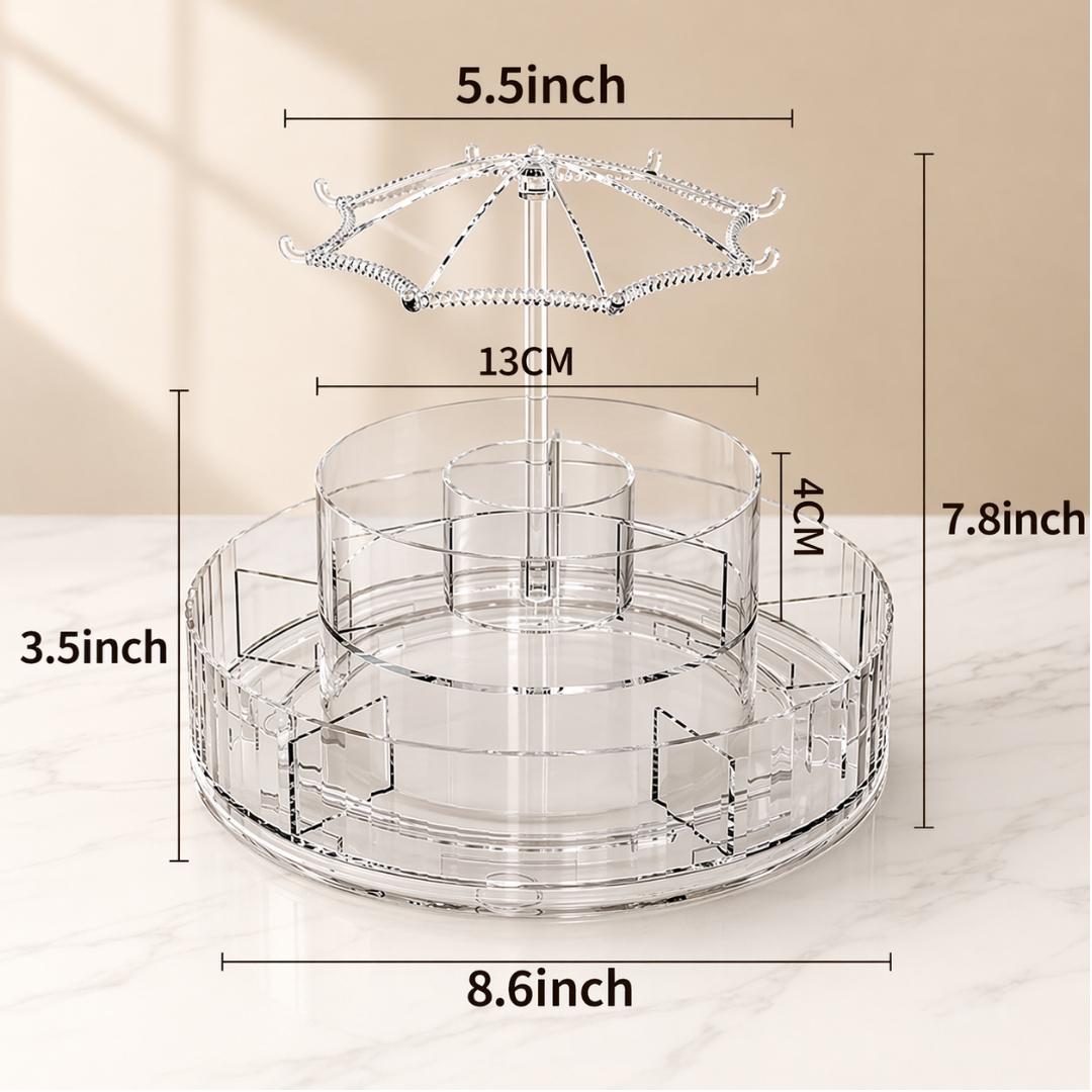 360-Degree Rotating Carousel-Shaped Cosmetics Organizer, Doyingus Makeup Organizer Tray, 360 Rotating Cosmetics Display Case, 2 Tier Clear Makeup Brush Holder, Skincare Storage Tray for Vanity Bathroom Counter Dresser - Image 2