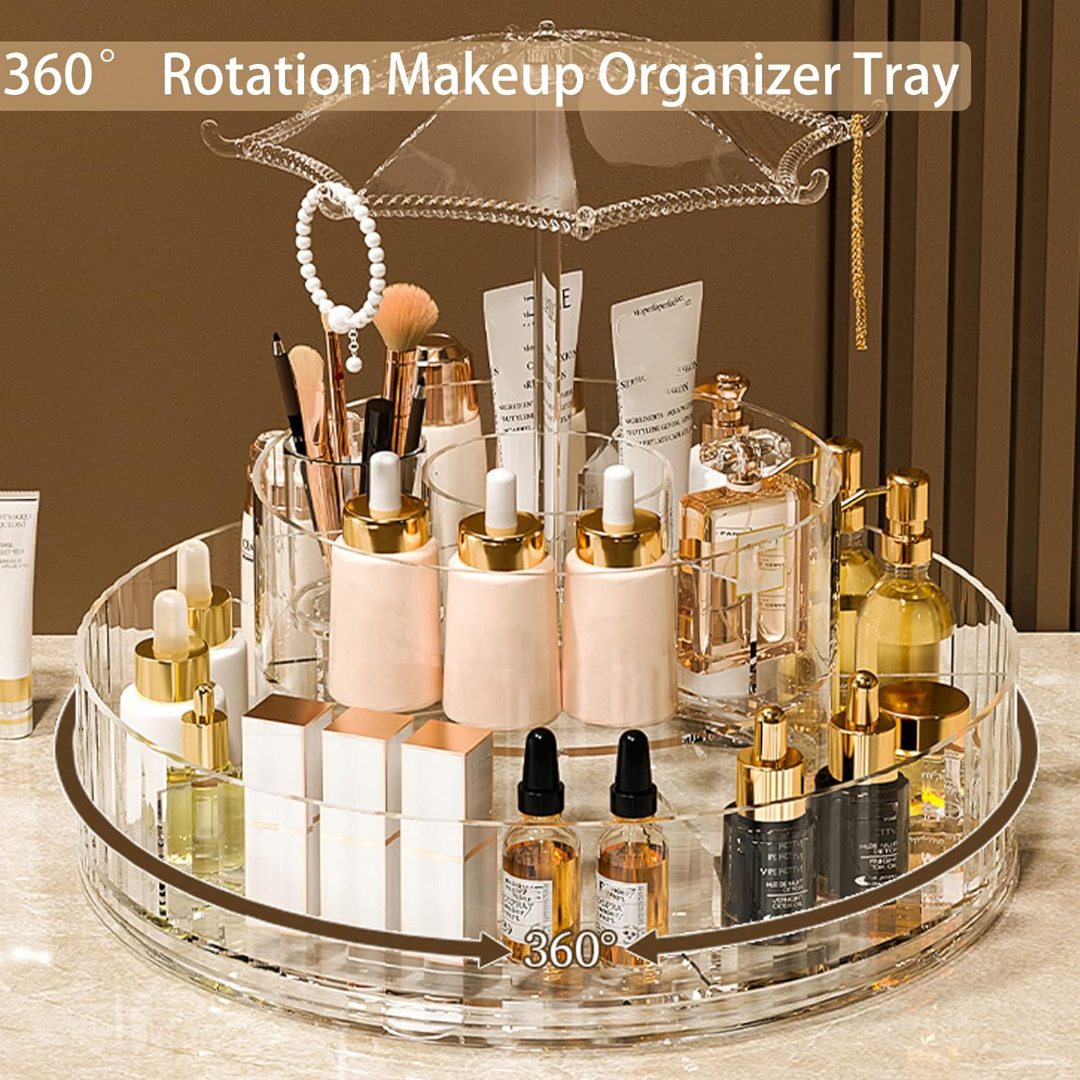 360-Degree Rotating Carousel-Shaped Cosmetics Organizer, Doyingus Makeup Organizer Tray, 360 Rotating Cosmetics Display Case, 2 Tier Clear Makeup Brush Holder, Skincare Storage Tray for Vanity Bathroom Counter Dresser - Image 3