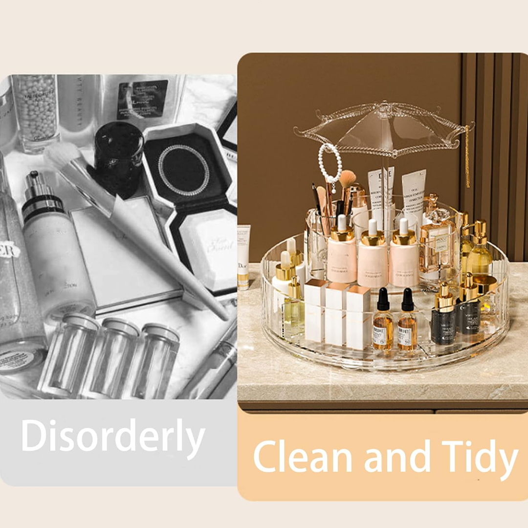360-Degree Rotating Carousel-Shaped Cosmetics Organizer, Doyingus Makeup Organizer Tray, 360 Rotating Cosmetics Display Case, 2 Tier Clear Makeup Brush Holder, Skincare Storage Tray for Vanity Bathroom Counter Dresser - Image 4