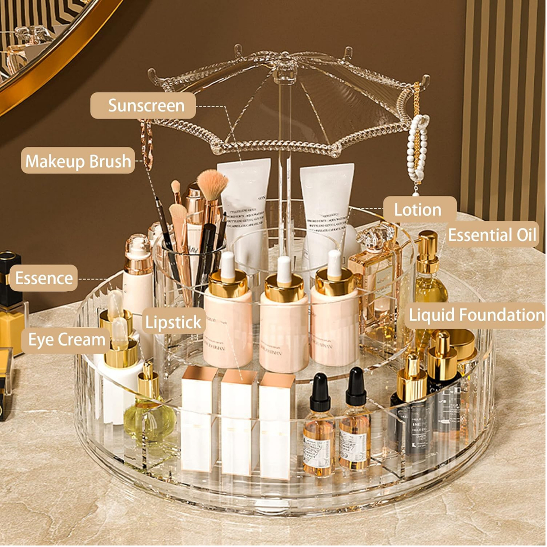 360-Degree Rotating Carousel-Shaped Cosmetics Organizer, Doyingus Makeup Organizer Tray, 360 Rotating Cosmetics Display Case, 2 Tier Clear Makeup Brush Holder, Skincare Storage Tray for Vanity Bathroom Counter Dresser - Image 5