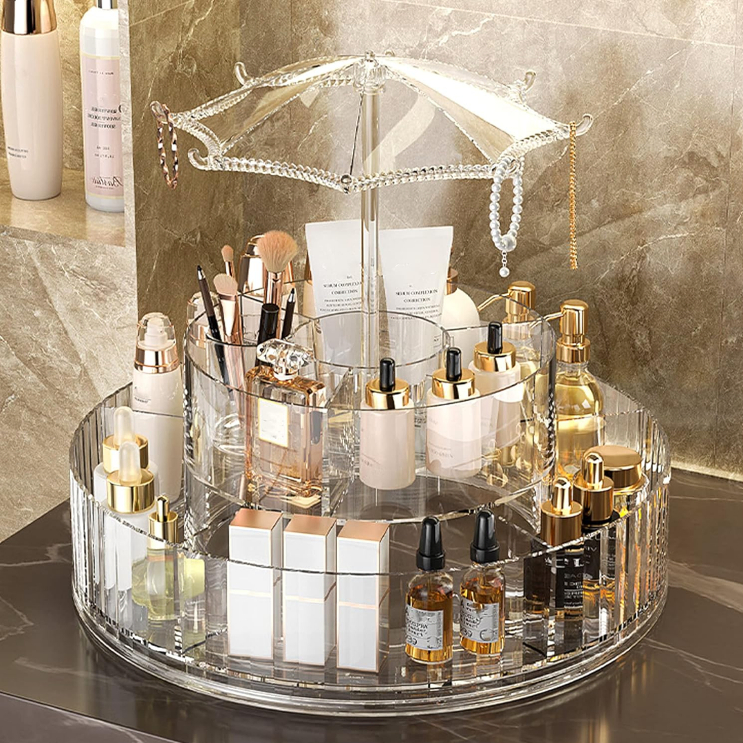 360-Degree Rotating Carousel-Shaped Cosmetics Organizer, Doyingus Makeup Organizer Tray, 360 Rotating Cosmetics Display Case, 2 Tier Clear Makeup Brush Holder, Skincare Storage Tray for Vanity Bathroom Counter Dresser - Image 6