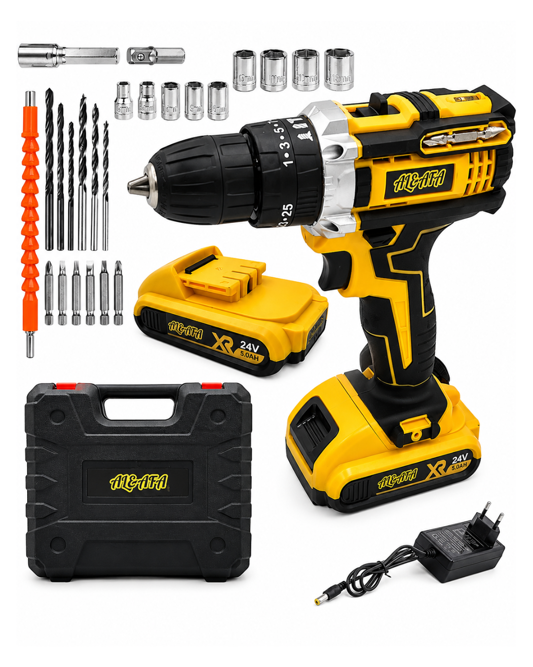 24PCS Cordless Heavy Duty Electric Drill Power Tool Set - 18V Lithium-Ion Impact Driver Kit with 2 Batteries Charger Flexible Shaft Drill & Screwdriver Bits and Heavy-Duty Carrying Case