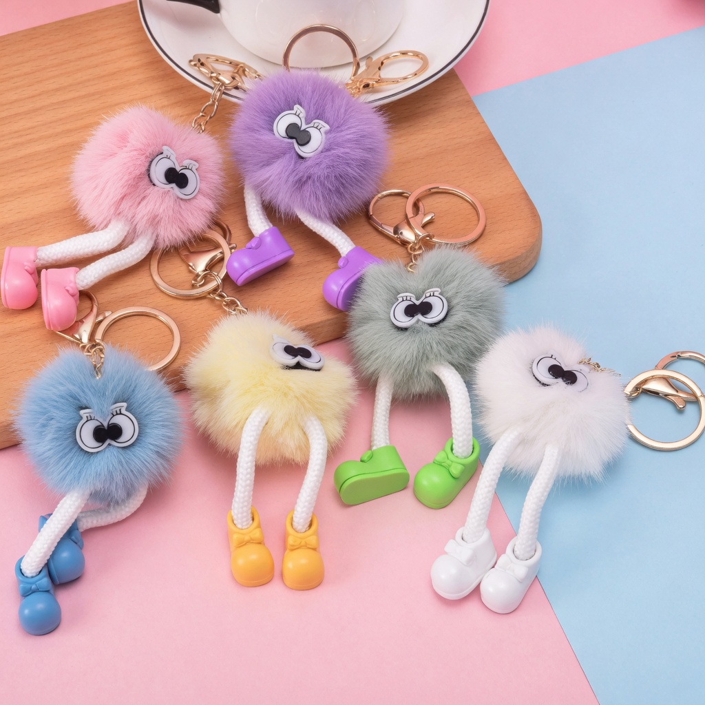 Cute Plush Fluffy Pom-Pom Keychain, Cartoon Monster Doll with Long Legs & Shoes Pompom Ball Keyring for Kids Girls Women, Korean Plush Bag Backpack Pendant Gift, Car Bike Keychain
