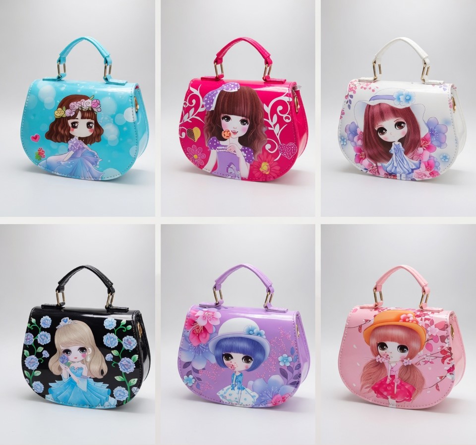 Kids Little Princess Cartoon Sling Bag Cute Floral Doll Character Mini Handbag for Girls Small PU Leather Crossbody Purse with Top Handle and Adjustable Shoulder Strap Toddler Fashion Messenger Bag for Parties Gifting and Dress Up