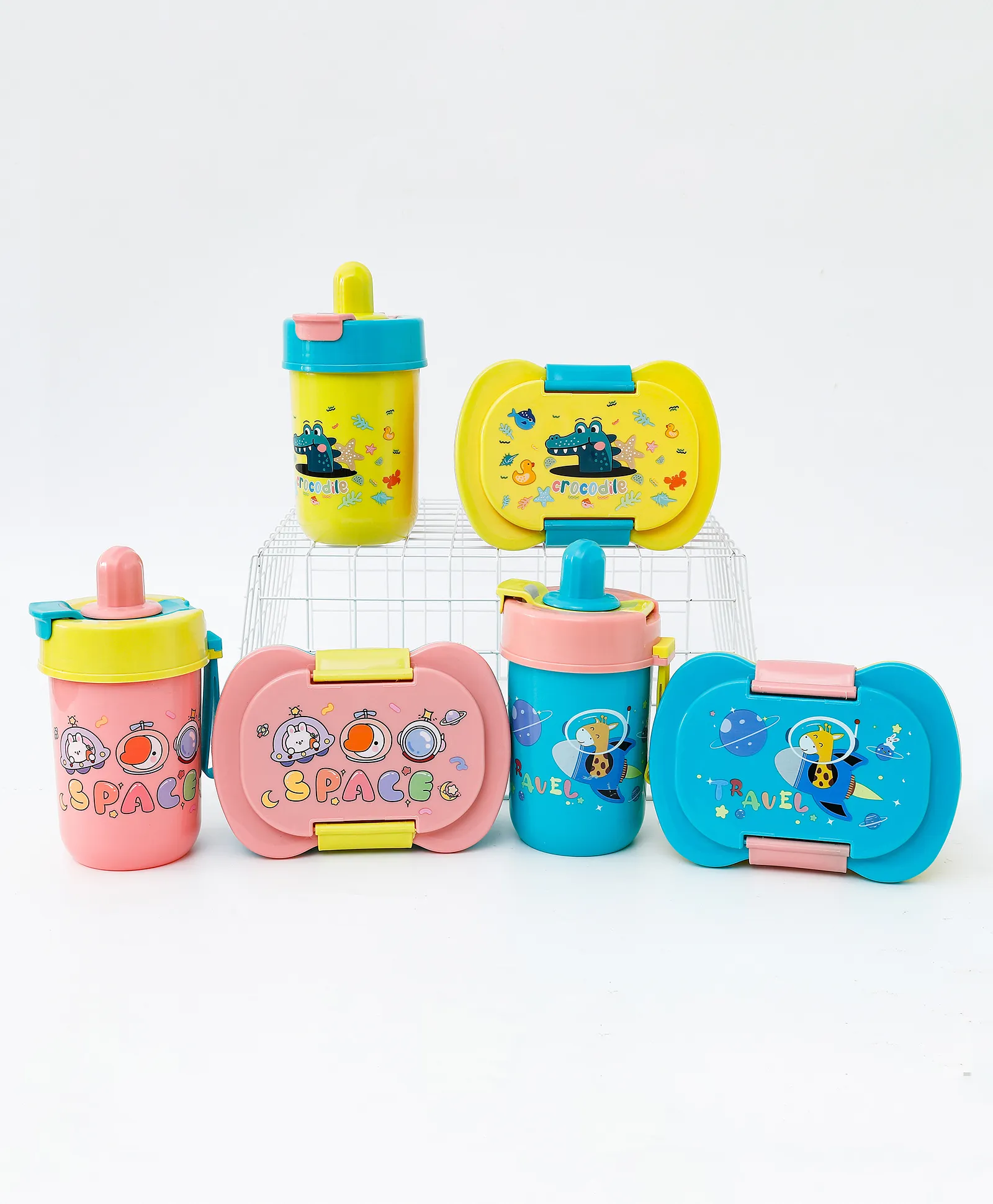 Cartoon Theme Kids Lunch Box & Water Bottle - Blue+Pink| BPA-Free, Leak-Resistant & Freezer Safe| 450ml Lunch Box with Spoon & 500ml Bottle | School Tiffin Combo for Boys & Girls