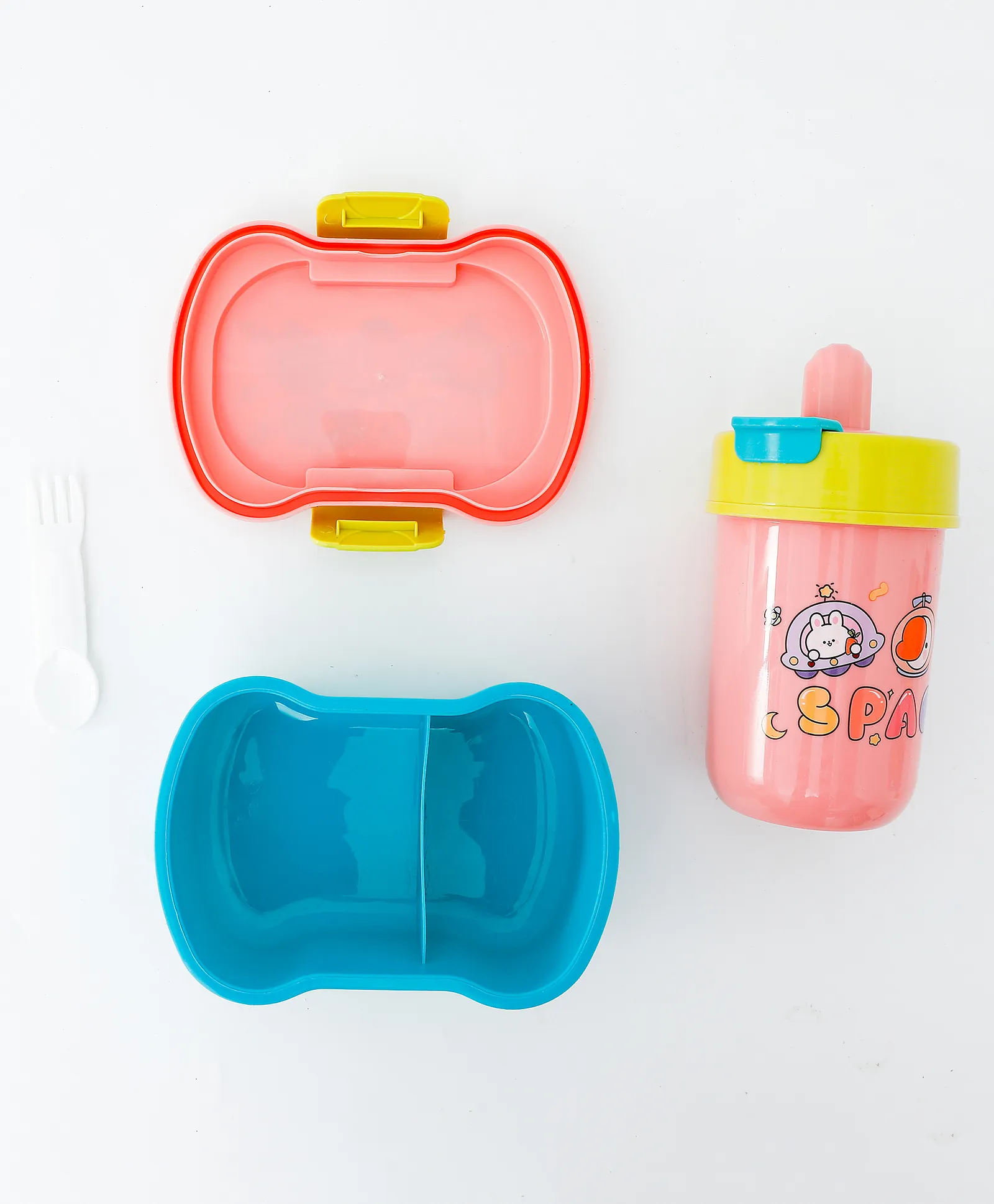 Cartoon Theme Kids Lunch Box & Water Bottle - Blue+Pink| BPA-Free, Leak-Resistant & Freezer Safe| 450ml Lunch Box with Spoon & 500ml Bottle | School Tiffin Combo for Boys & Girls - Image 4