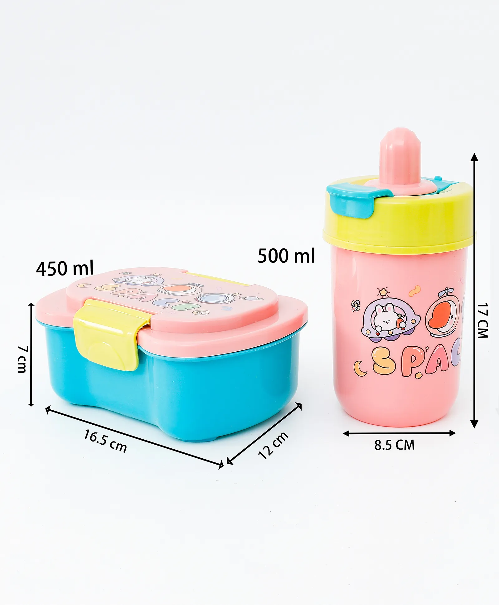 Cartoon Theme Kids Lunch Box & Water Bottle - Blue+Pink| BPA-Free, Leak-Resistant & Freezer Safe| 450ml Lunch Box with Spoon & 500ml Bottle | School Tiffin Combo for Boys & Girls - Image 3