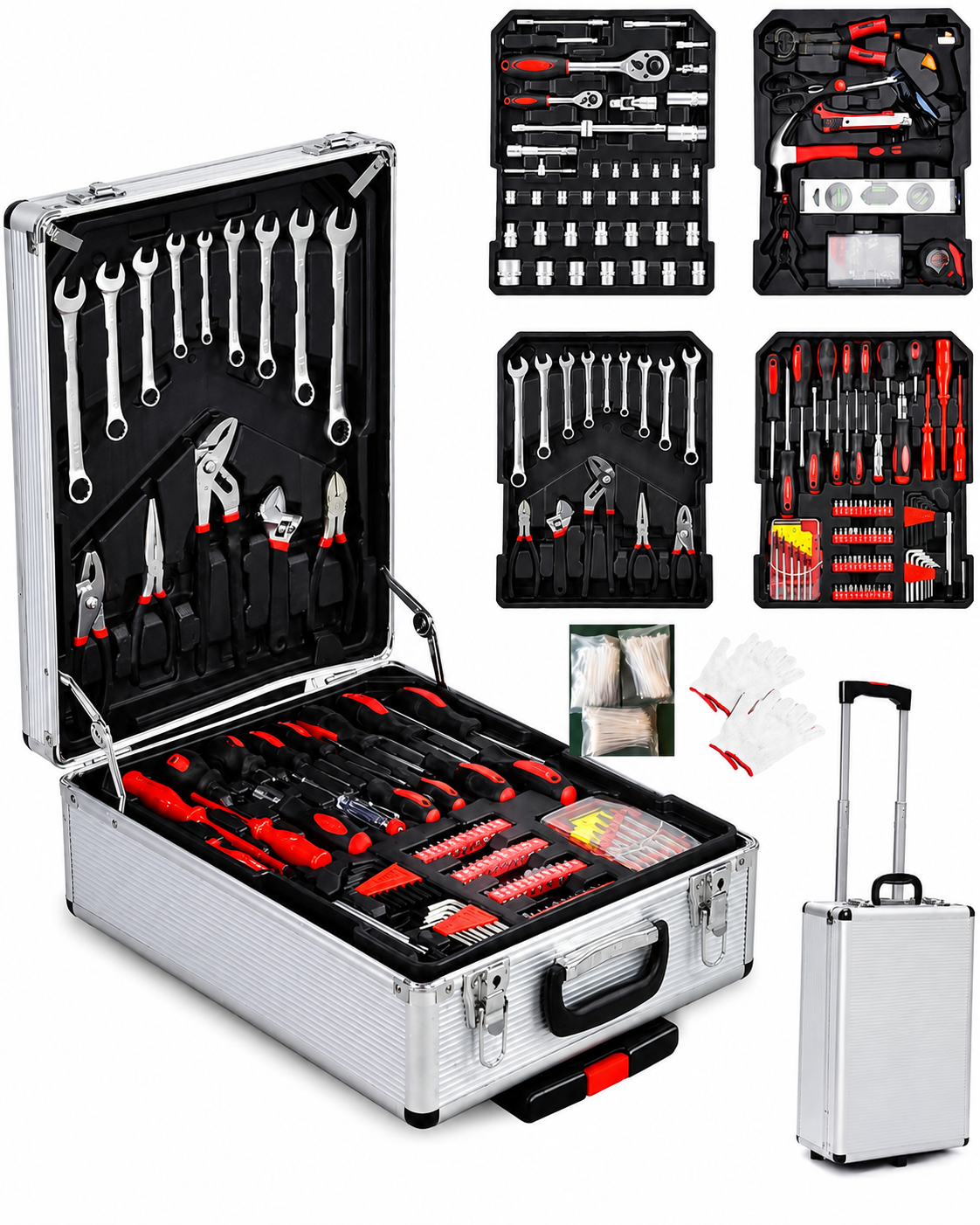 Premium Mechanic Tool Set with Heavy-Duty Aluminum Rolling Trolley Case Universal Automotive Repair & Home Maintenance Hardware Kit with Telescoping Handle
