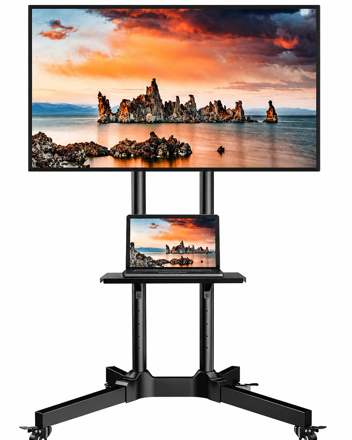 Premium Heavy-Duty Mobile TV Cart Stand with Wheels for 32 to 65 Inch Flat Curved Screens – Height Adjustable Rolling Television Floor Stand with AV Component Shelf 360° Swivel Casters Max VESA 600x400mm Universal Fit for Office Classroom and Home Media