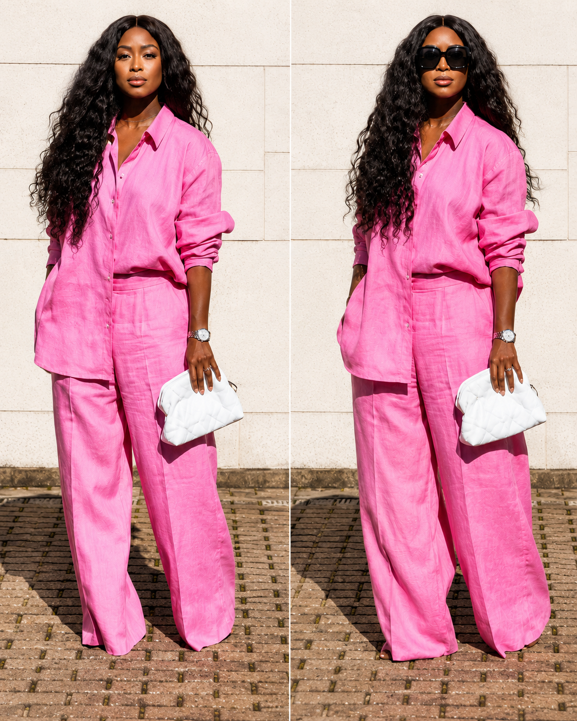 Premium Women’s Stylish Two-Piece Matching Pants Set – Fashionable Long-Sleeve Button-Down Collared Blouse Shirt and High-Waisted Loose Wide-Leg Long Trousers Lounge Outfit Co-Ord Set for Casual, Office, and Streetwear