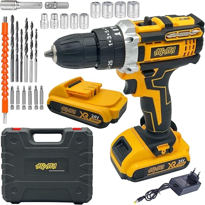 24PCS Cordless Heavy Duty Electric Drill Power Tool Set - 18V Lithium-Ion Impact Driver Kit with 2 Batteries Charger Flexible Shaft Drill & Screwdriver Bits and Heavy-Duty Carrying Case