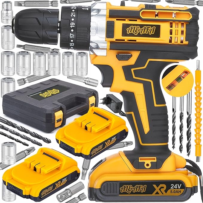24PCS Cordless Heavy Duty Electric Drill Power Tool Set - 18V Lithium-Ion Impact Driver Kit with 2 Batteries Charger Flexible Shaft Drill & Screwdriver Bits and Heavy-Duty Carrying Case - Image 4