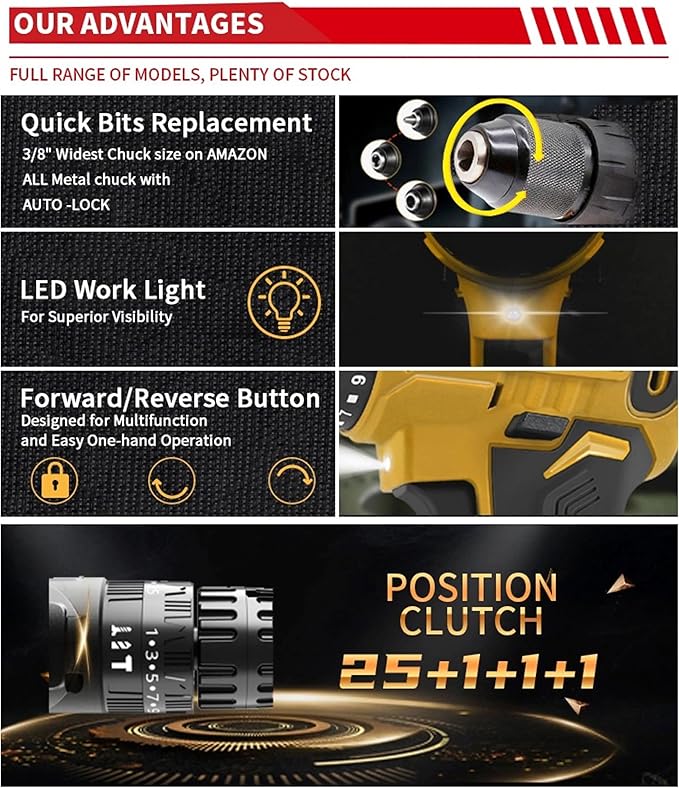 24PCS Cordless Heavy Duty Electric Drill Power Tool Set - 18V Lithium-Ion Impact Driver Kit with 2 Batteries Charger Flexible Shaft Drill & Screwdriver Bits and Heavy-Duty Carrying Case - Image 3