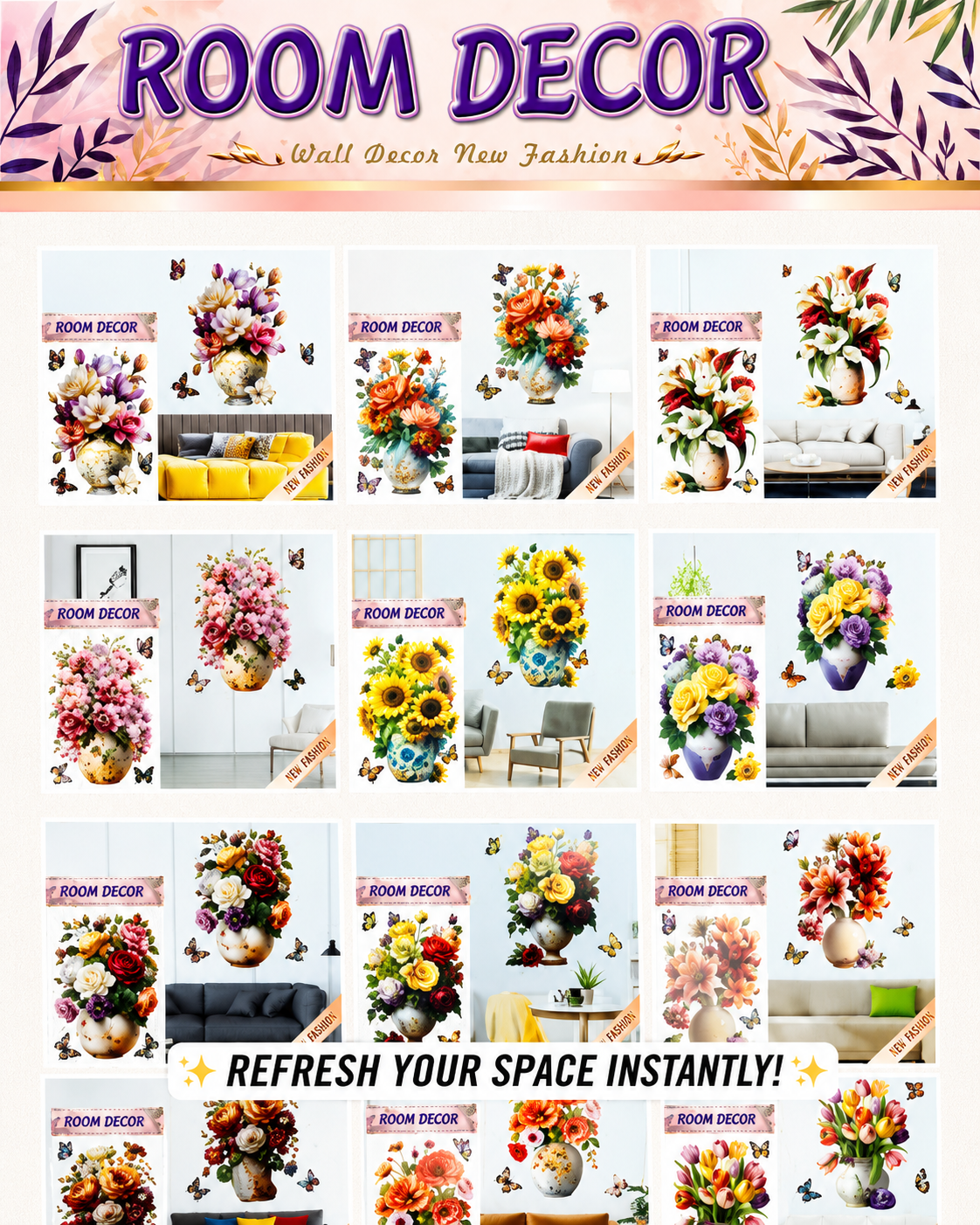 8D Full-Color Printed Floral Wall Stickers (35cm x 50cm) – Vivid Peel-and-Stick Decals featuring Sunflowers and Poppies for Instant Home and Bedroom Wall Decor