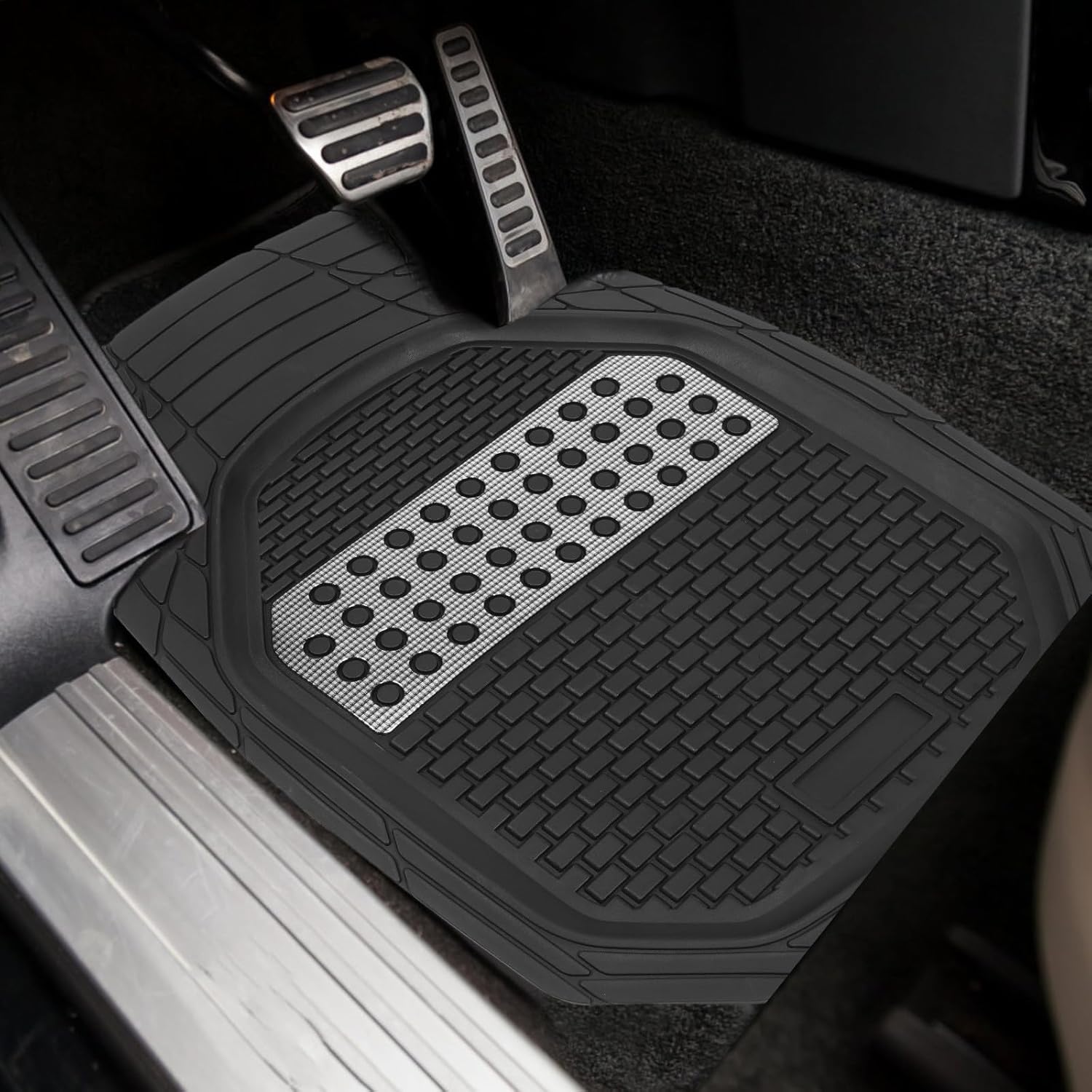 4-Piece Heavy-Duty Universal Rubber Car Floor Mat Set - All-Weather Waterproof Protection Anti-Slip Trimmable Design with Silver Heel Pad for Cars SUVs and Trucks - Image 2
