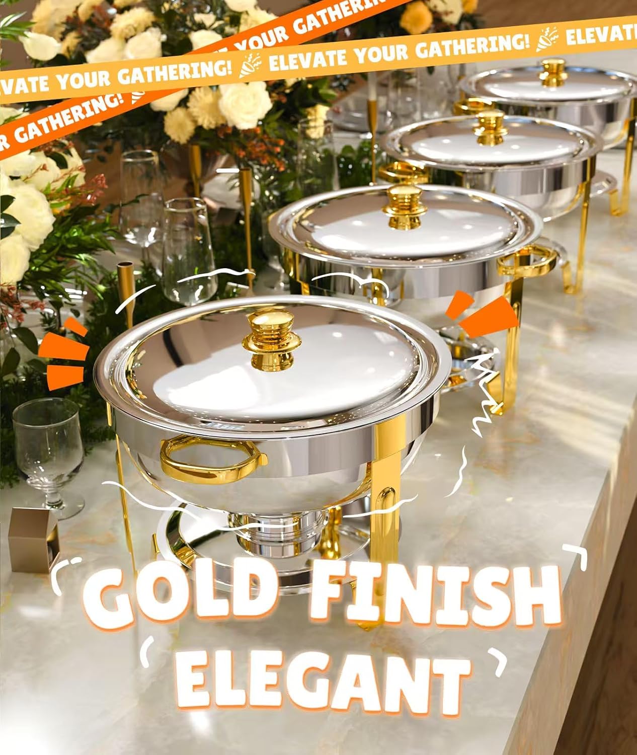 Deluxe 4-Quart Round Stainless Steel Chafing Dish Buffet Set with Elegant Gold Accents Heavy-Duty Food Warmer with Rolled-Edge Safety Rim Integrated No-Assembly Stand and Fuel Holder for Weddings Catering and Holiday Parties - Image 5