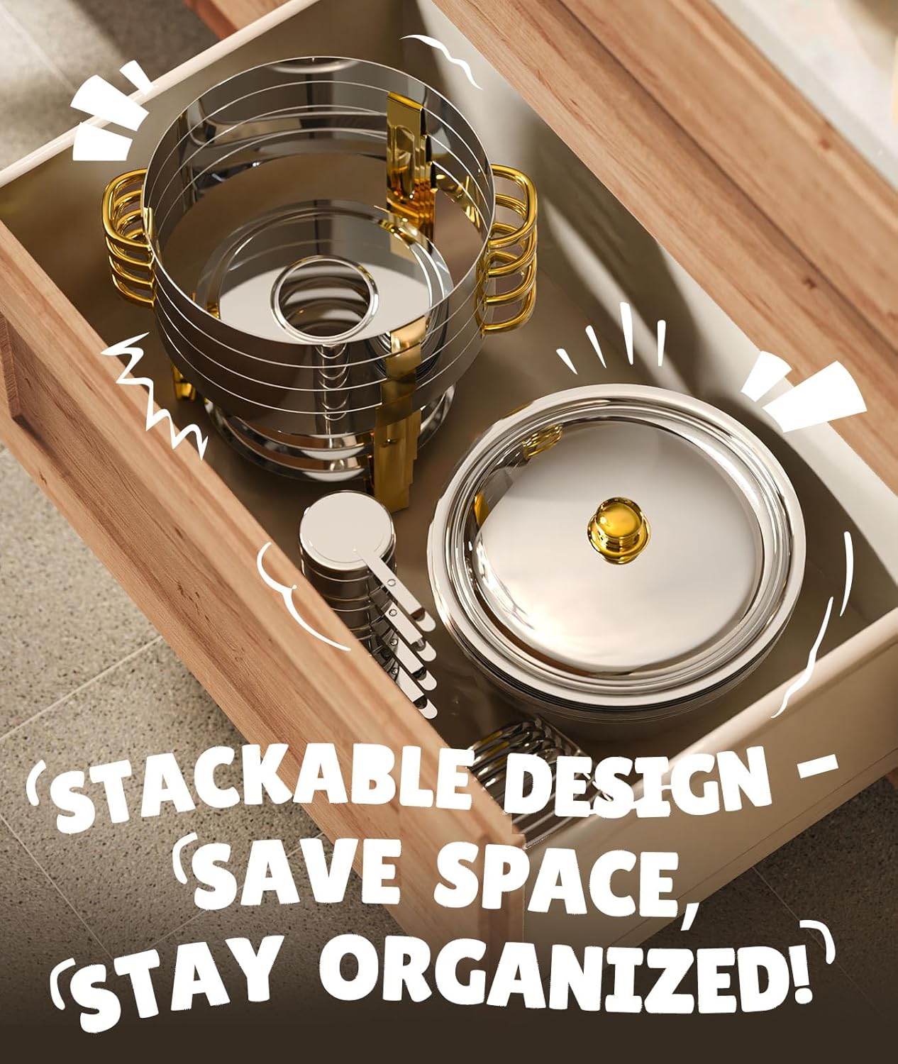 Deluxe 4-Quart Round Stainless Steel Chafing Dish Buffet Set with Elegant Gold Accents Heavy-Duty Food Warmer with Rolled-Edge Safety Rim Integrated No-Assembly Stand and Fuel Holder for Weddings Catering and Holiday Parties - Image 4