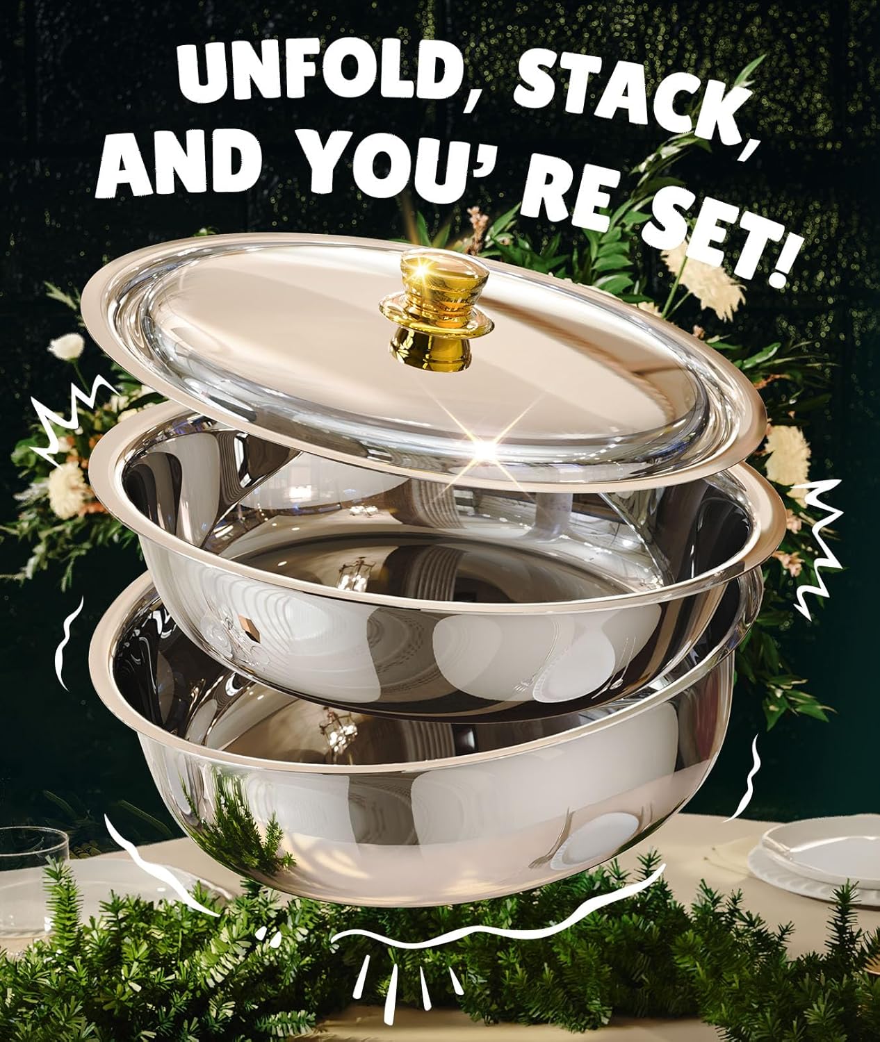 Deluxe 4-Quart Round Stainless Steel Chafing Dish Buffet Set with Elegant Gold Accents Heavy-Duty Food Warmer with Rolled-Edge Safety Rim Integrated No-Assembly Stand and Fuel Holder for Weddings Catering and Holiday Parties - Image 3