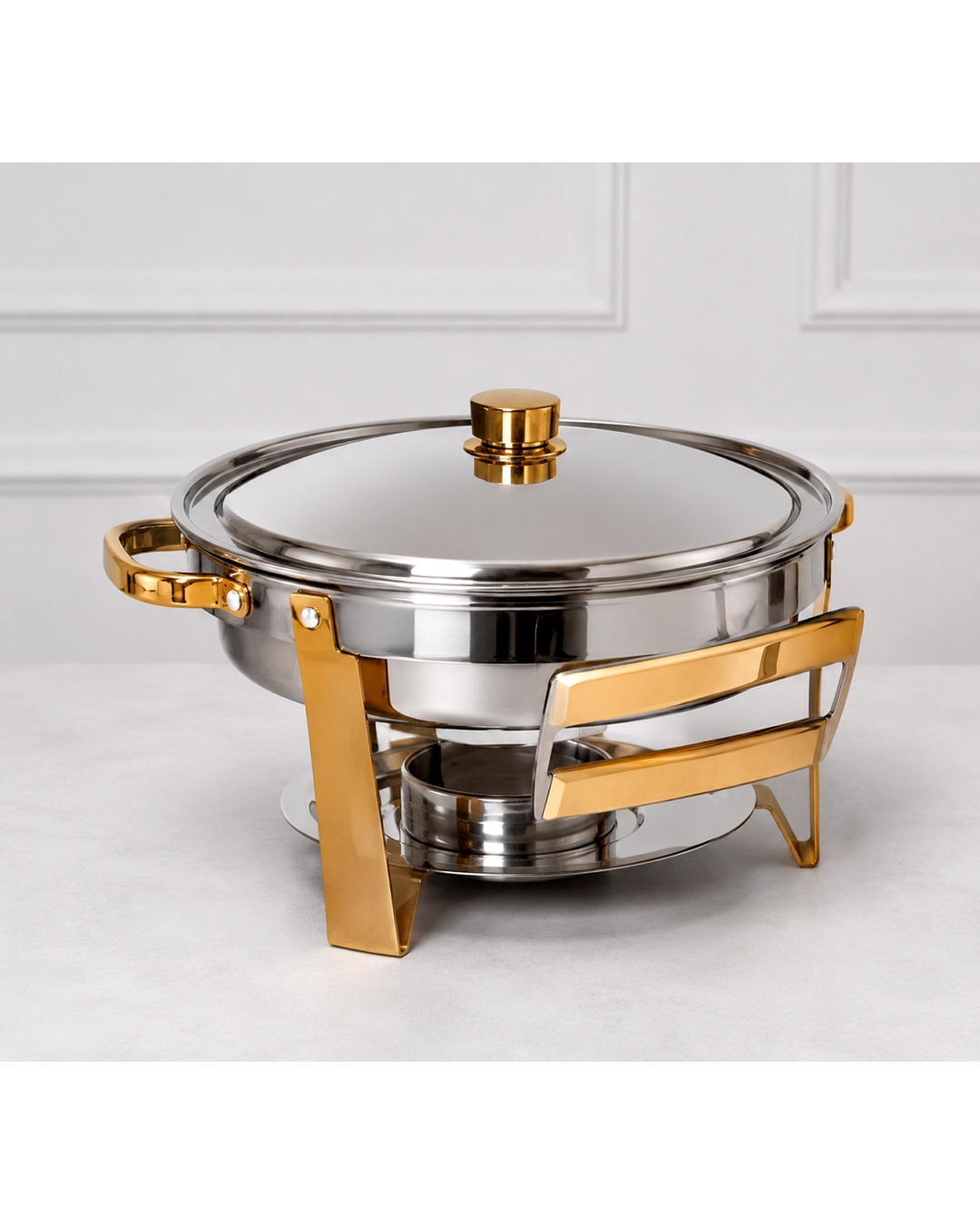 Deluxe 4-Quart Round Stainless Steel Chafing Dish Buffet Set with Elegant Gold Accents Heavy-Duty Food Warmer with Rolled-Edge Safety Rim Integrated No-Assembly Stand and Fuel Holder for Weddings Catering and Holiday Parties