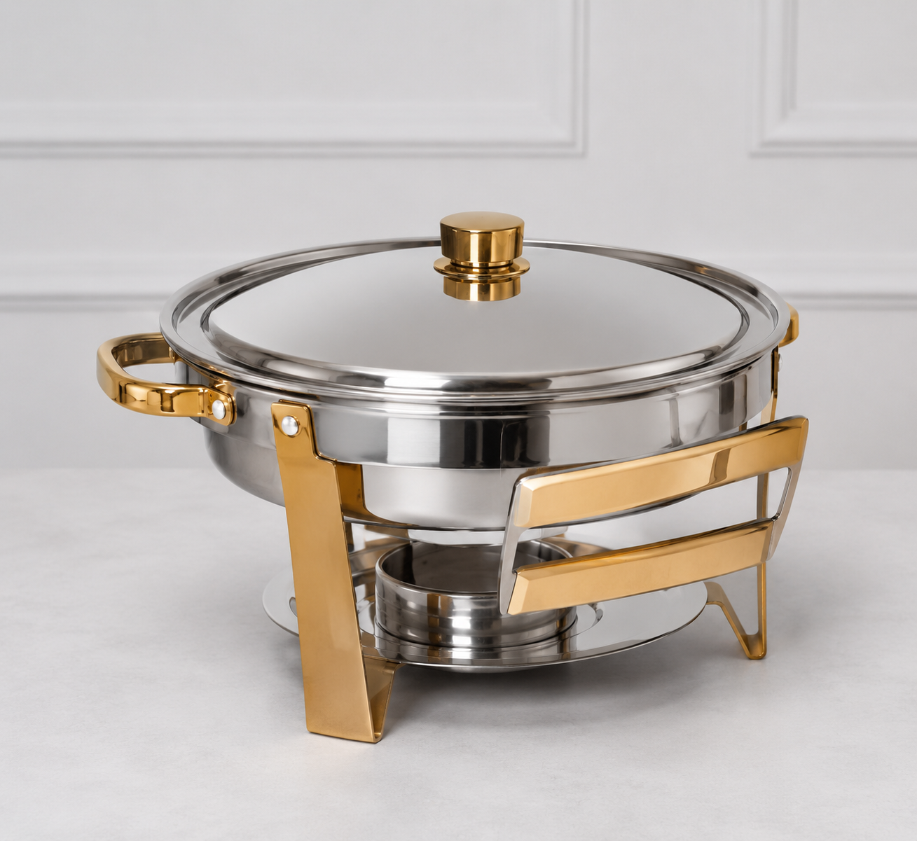 Deluxe 4-Quart Round Stainless Steel Chafing Dish Buffet Set with Elegant Gold Accents Heavy-Duty Food Warmer with Rolled-Edge Safety Rim Integrated No-Assembly Stand and Fuel Holder for Weddings Catering and Holiday Parties