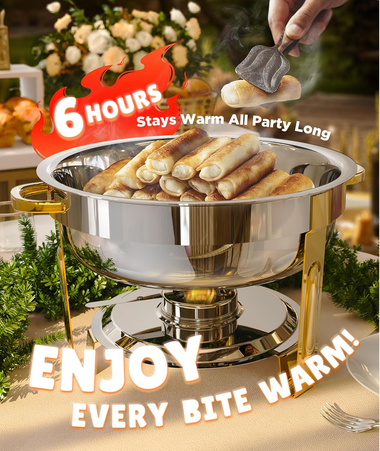 Deluxe 4-Quart Round Stainless Steel Chafing Dish Buffet Set with Elegant Gold Accents Heavy-Duty Food Warmer with Rolled-Edge Safety Rim Integrated No-Assembly Stand and Fuel Holder for Weddings Catering and Holiday Parties - Image 7