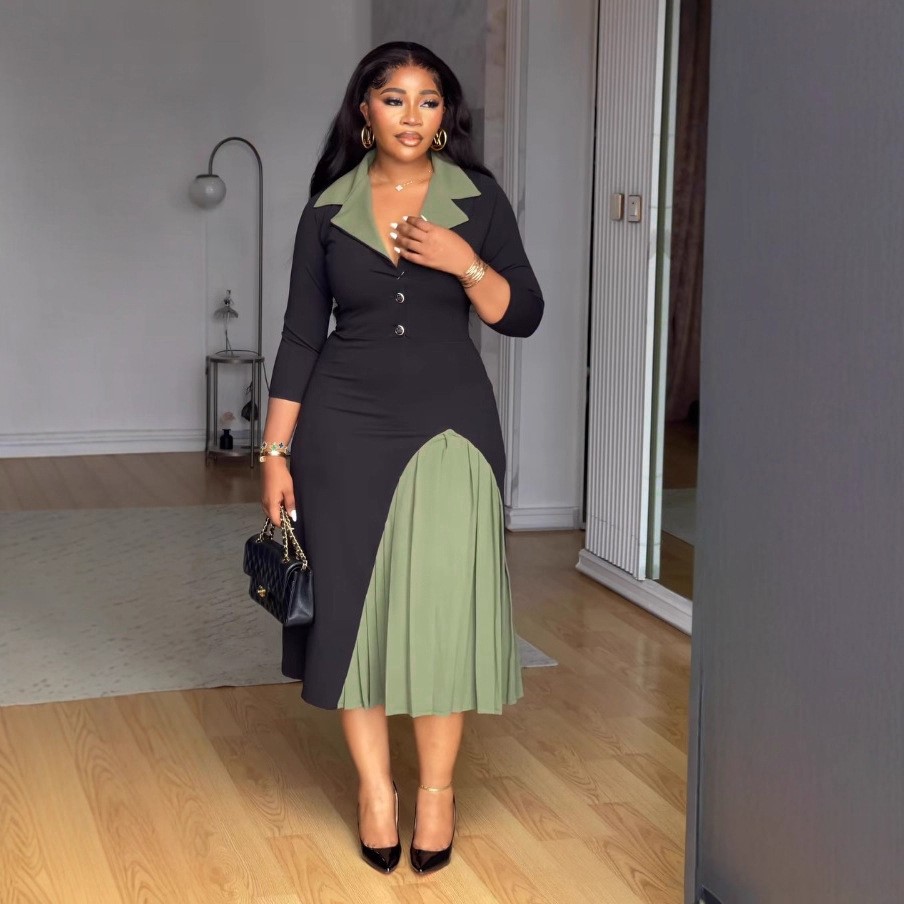 Elegant Women's Color-Block Notched-Collar Midi Dress – Professional Three-Quarter Sleeve A-Line Office Dress with Decorative Button Accent Midsection and Asymmetric Sage Green Pleated Inset Hem Panel for Formal Business and Sophisticated Corporate Workwear
