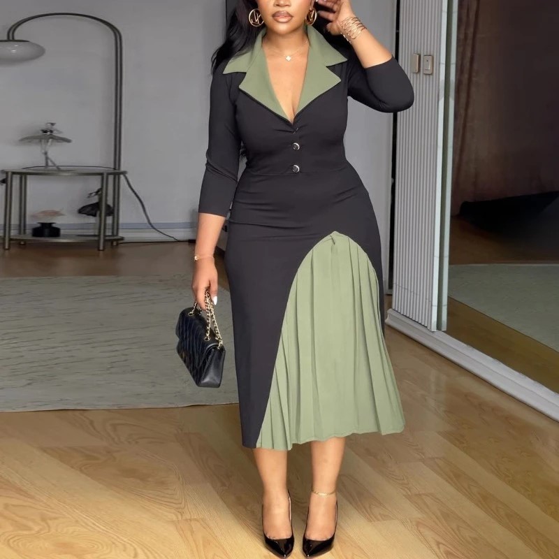 Elegant Women's Color-Block Notched-Collar Midi Dress – Professional Three-Quarter Sleeve A-Line Office Dress with Decorative Button Accent Midsection and Asymmetric Sage Green Pleated Inset Hem Panel for Formal Business and Sophisticated Corporate Workwear - Image 2