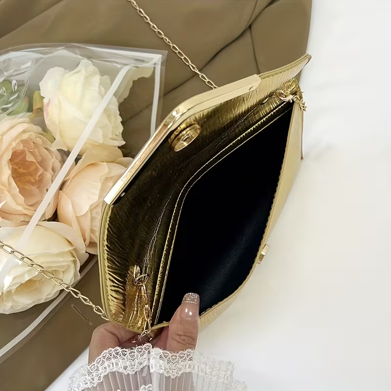 Elegant Women's Metallic Gold Envelope Clutch Bag – 3-in-1 Evening Crossbody and Shoulder Purse with V-Shaped Hardware Detachable Chain Strap Pleated Ribbed Texture and Magnetic Closure for Weddings Parties and Formal Events - Image 5
