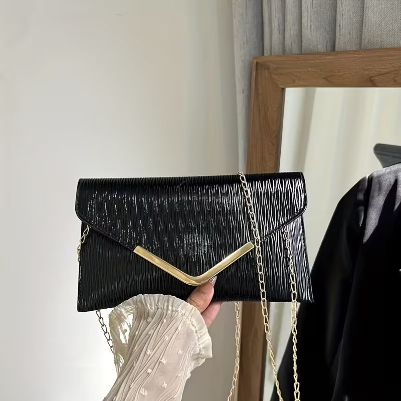 Elegant Women's Metallic Gold Envelope Clutch Bag – 3-in-1 Evening Crossbody and Shoulder Purse with V-Shaped Hardware Detachable Chain Strap Pleated Ribbed Texture and Magnetic Closure for Weddings Parties and Formal Events - Image 4