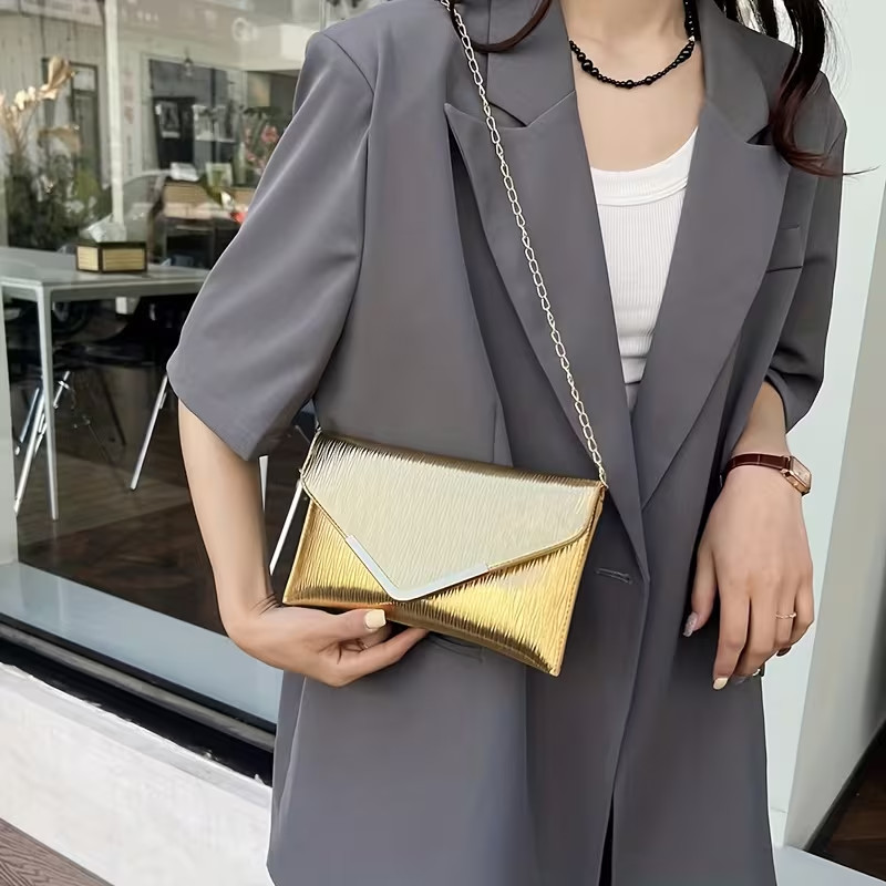 Elegant Women's Metallic Gold Envelope Clutch Bag – 3-in-1 Evening Crossbody and Shoulder Purse with V-Shaped Hardware Detachable Chain Strap Pleated Ribbed Texture and Magnetic Closure for Weddings Parties and Formal Events - Image 3
