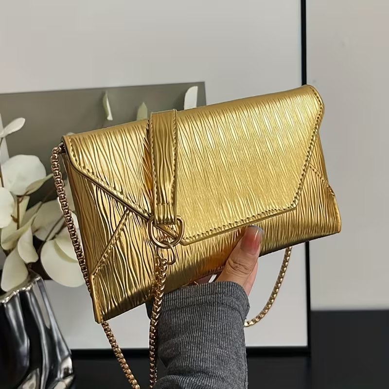Elegant Women's Metallic Gold Envelope Clutch Bag – 3-in-1 Evening Crossbody and Shoulder Purse with V-Shaped Hardware Detachable Chain Strap Pleated Ribbed Texture and Magnetic Closure for Weddings Parties and Formal Events - Image 2
