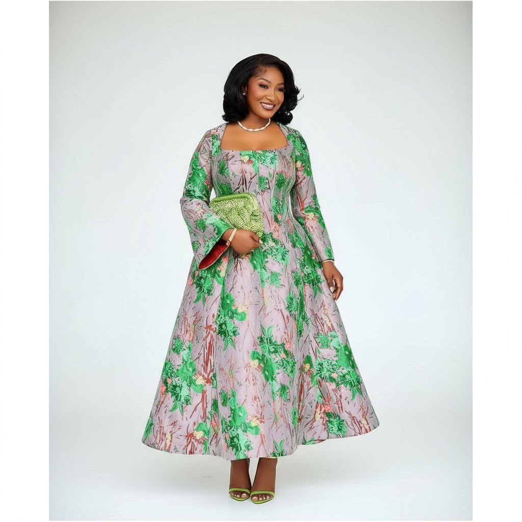 Exquisite Square Neck Floral Print Flare Maxi Dress with Split Bell Sleeves and Contrast Lining Accent — Plus-Size A-Line African Boutique Church and Party Fashion Gown