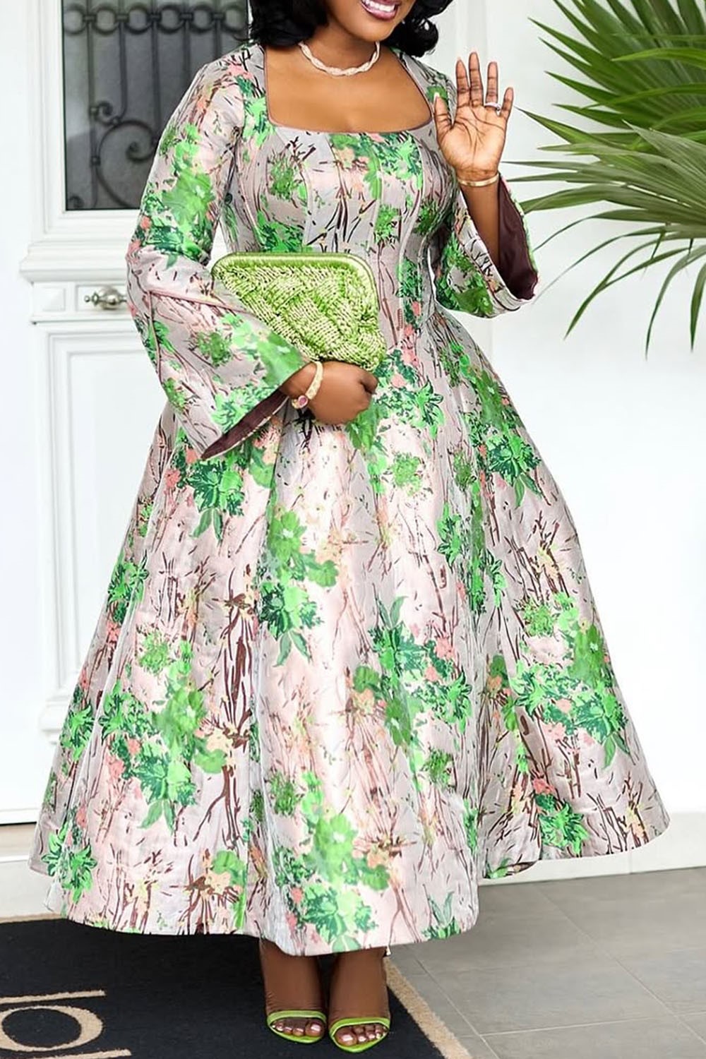 Exquisite Square Neck Floral Print Flare Maxi Dress with Split Bell Sleeves and Contrast Lining Accent — Plus-Size A-Line African Boutique Church and Party Fashion Gown - Image 2