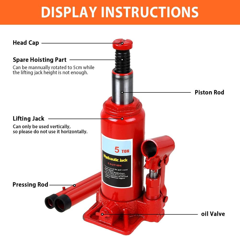 10 Ton Heavy Duty Hydraulic Bottle Jack Lift with Two-Piece Pressing Rod Handle 195mm to 370mm Height Range Portable Automotive Maintenance and Emergency Tire Change Tool for Cars Trucks and SUVs - Image 2