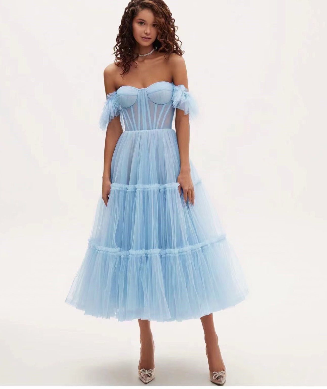 Luxury Romantic Off-Shoulder Tiered Dress – Corset-Style Boning A-Line Princess Evening Gown with Ruffled Cap Sleeves Sweetheart Neckline and Voluminous Layered Mesh Skirt Elegant Women’s Party Prom Homecoming Bridesmaid and Special Occasion Formal Dress - Image 3