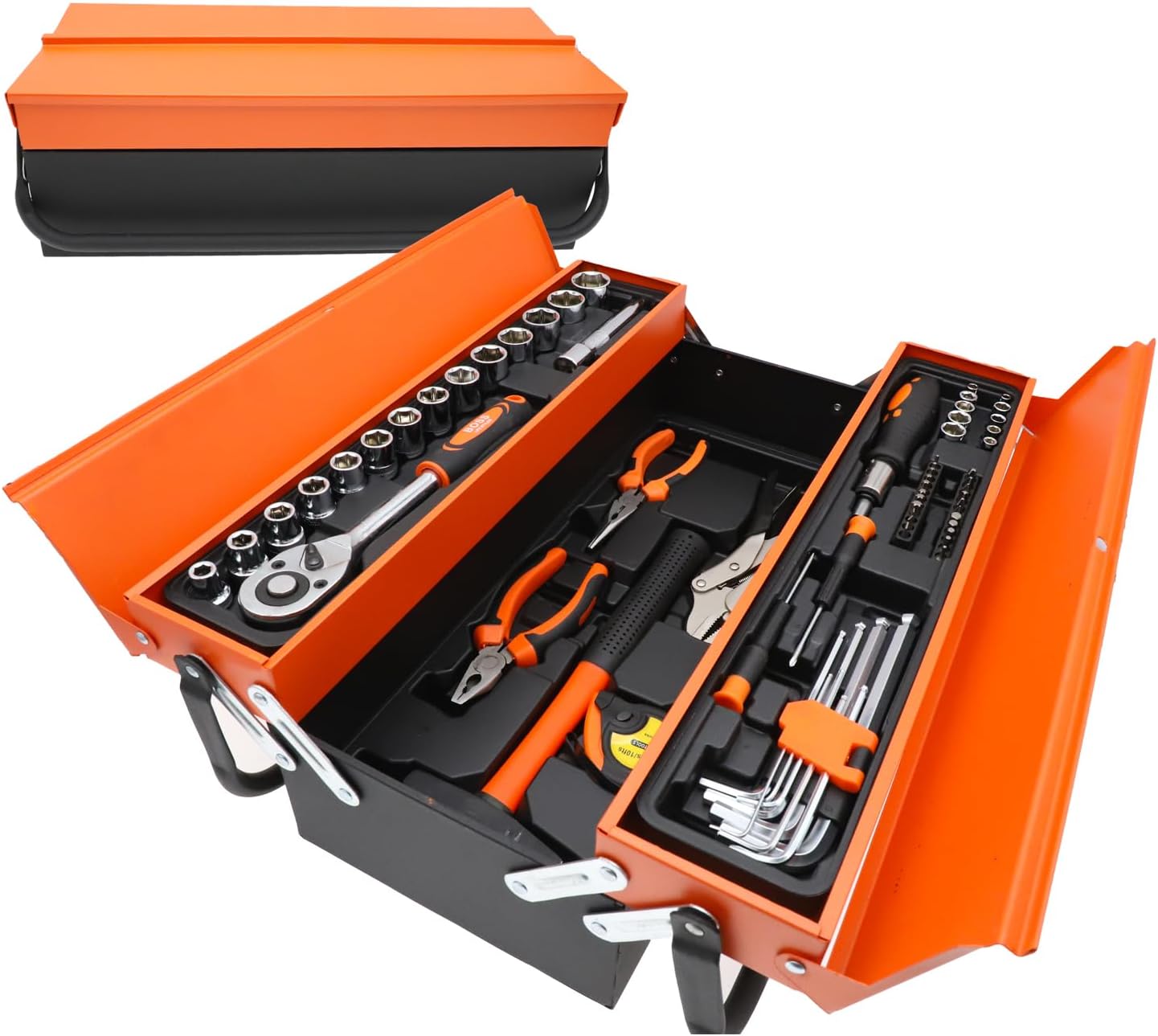 85-Piece Professional Cantilever Metal Tool Box Set – Heavy Duty Cold Rolled Steel Mechanics Organizer Kit with Sockets Wrenches Pliers and Screwdrivers for Automotive and Home Repair