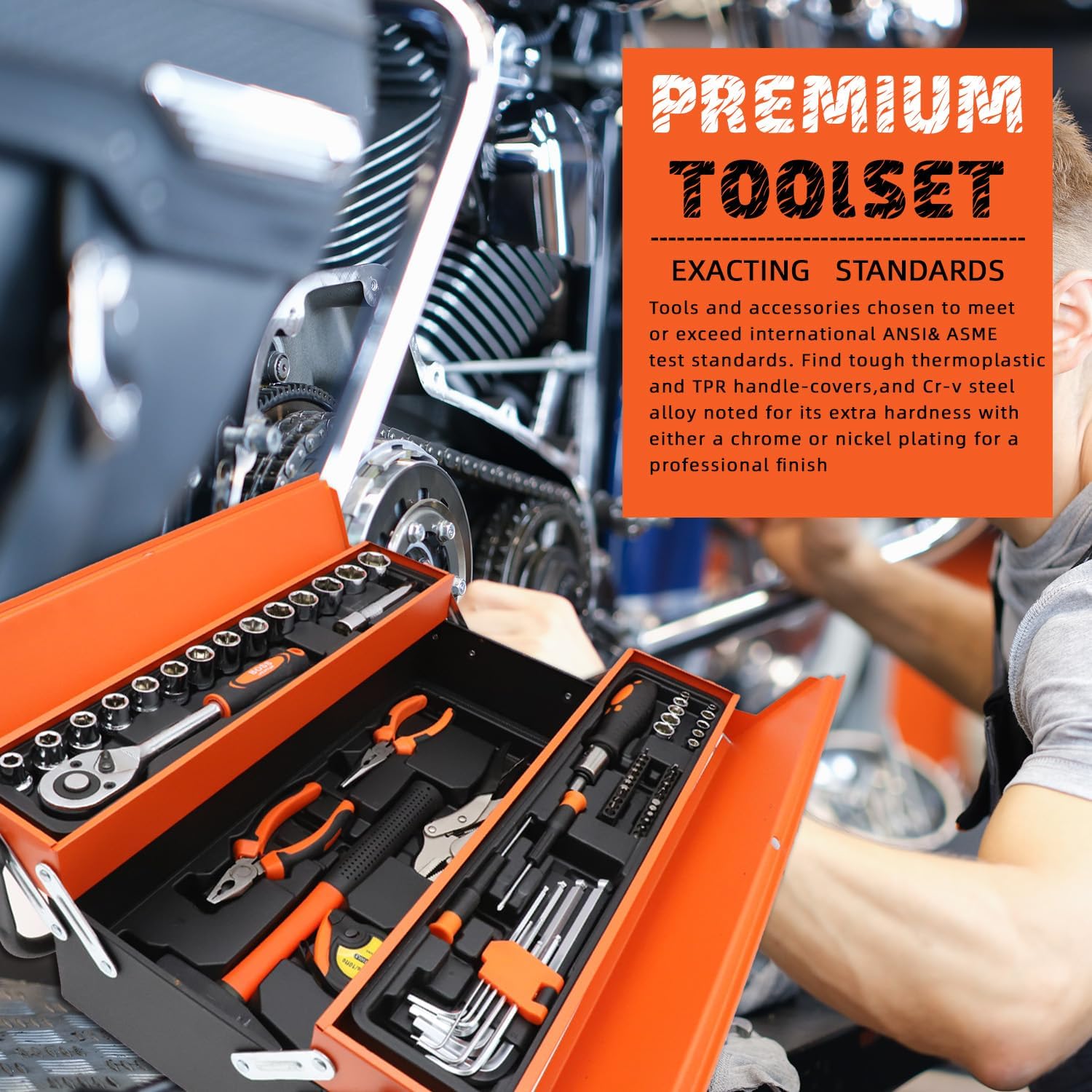 85-Piece Professional Cantilever Metal Tool Box Set – Heavy Duty Cold Rolled Steel Mechanics Organizer Kit with Sockets Wrenches Pliers and Screwdrivers for Automotive and Home Repair - Image 6
