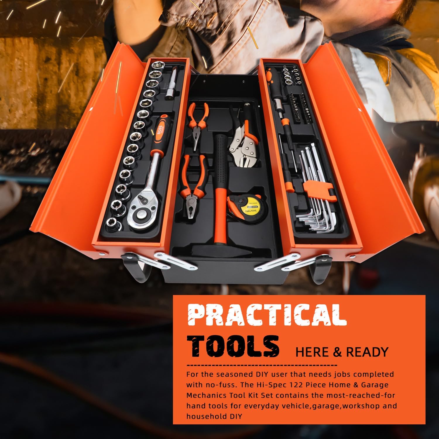 85-Piece Professional Cantilever Metal Tool Box Set – Heavy Duty Cold Rolled Steel Mechanics Organizer Kit with Sockets Wrenches Pliers and Screwdrivers for Automotive and Home Repair - Image 4