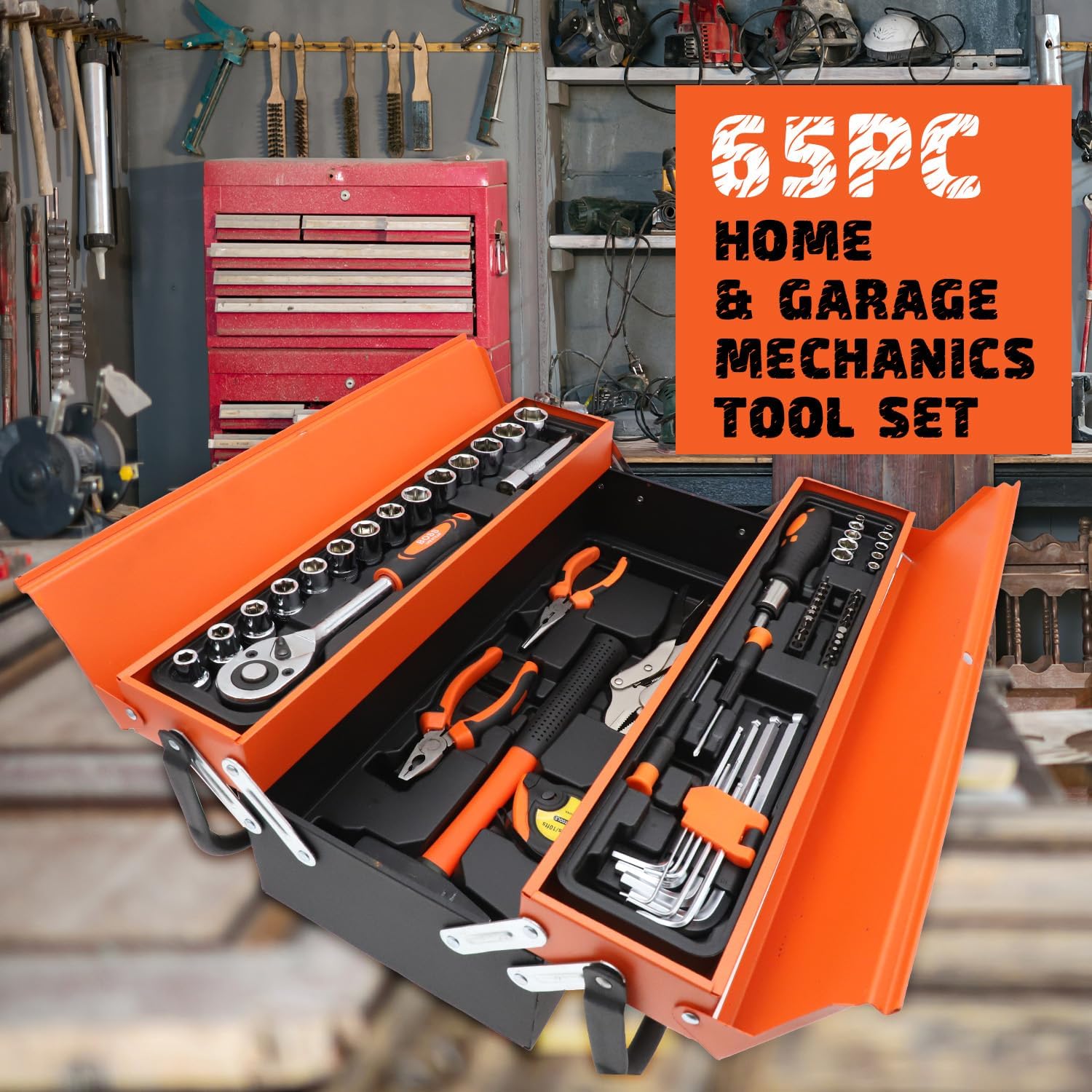 85-Piece Professional Cantilever Metal Tool Box Set – Heavy Duty Cold Rolled Steel Mechanics Organizer Kit with Sockets Wrenches Pliers and Screwdrivers for Automotive and Home Repair - Image 3