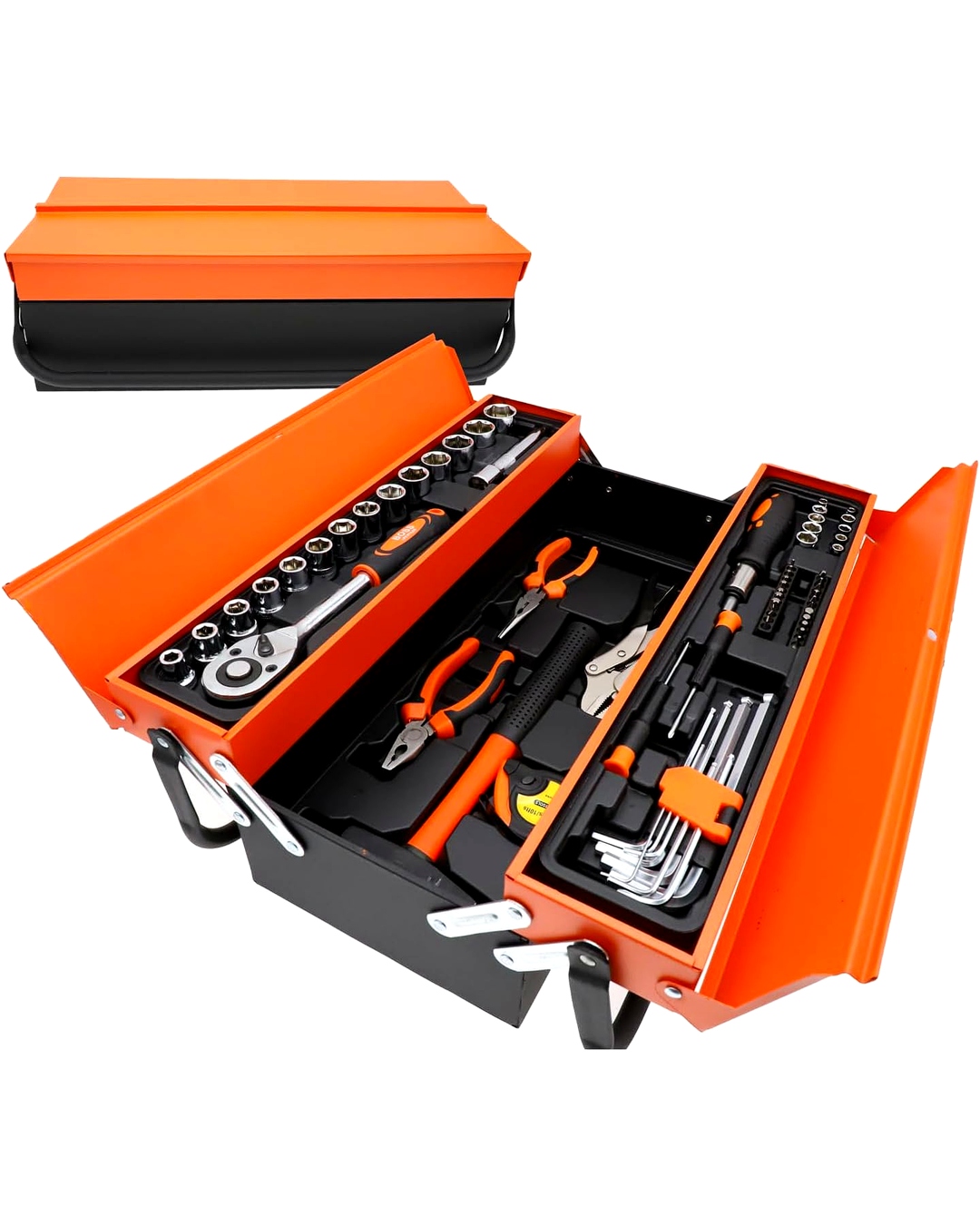 85-Piece Professional Cantilever Metal Tool Box Set – Heavy Duty Cold Rolled Steel Mechanics Organizer Kit with Sockets Wrenches Pliers and Screwdrivers for Automotive and Home Repair