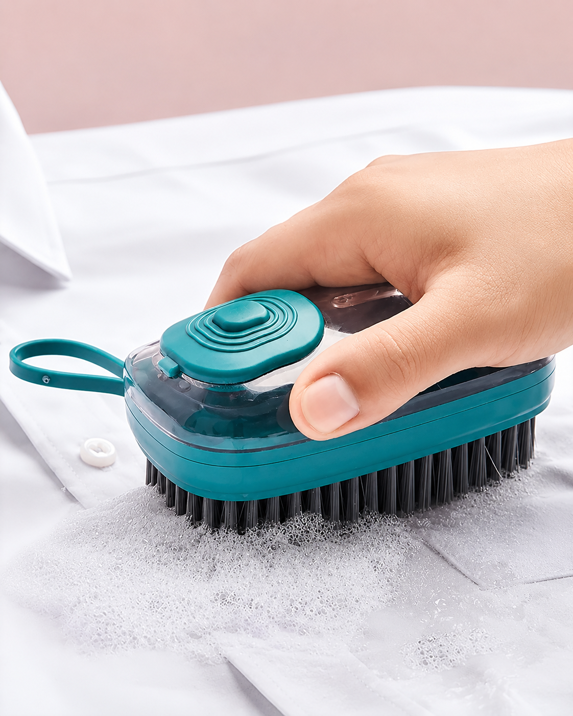 2-in-1 Multifunctional Hydraulic Cleaning Brush with Soap Dispenser – Soft Bristle Scrubbing Brush for Clothes Shoes Kitchen Countertops Bathroom Tubs and Walls
