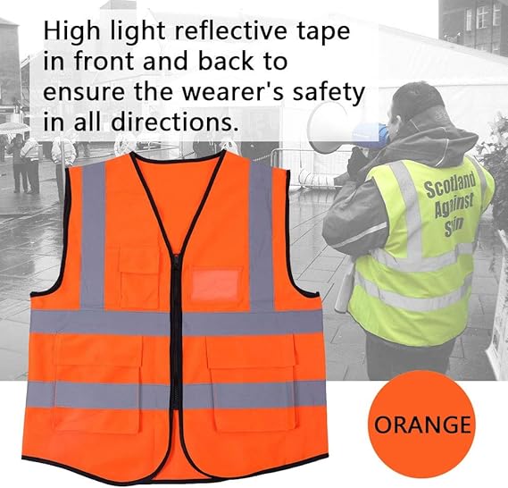 High-Visibility Orange Reflective Safety Vest with Multi-Functional Pockets and Zipper Closure - Heavy Duty 120g Knitted Fabric Executive Workwear Waistcoat for Warehouse Construction and Traffic Control Personnel - Image 4