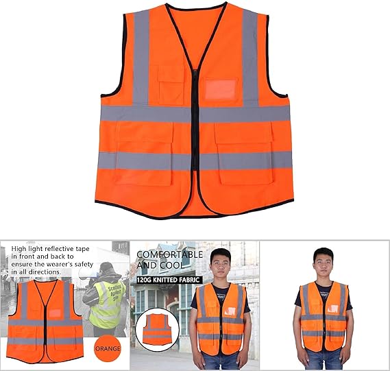 High-Visibility Orange Reflective Safety Vest with Multi-Functional Pockets and Zipper Closure - Heavy Duty 120g Knitted Fabric Executive Workwear Waistcoat for Warehouse Construction and Traffic Control Personnel - Image 3
