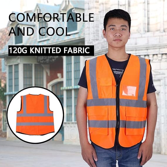 High-Visibility Orange Reflective Safety Vest with Multi-Functional Pockets and Zipper Closure - Heavy Duty 120g Knitted Fabric Executive Workwear Waistcoat for Warehouse Construction and Traffic Control Personnel - Image 2