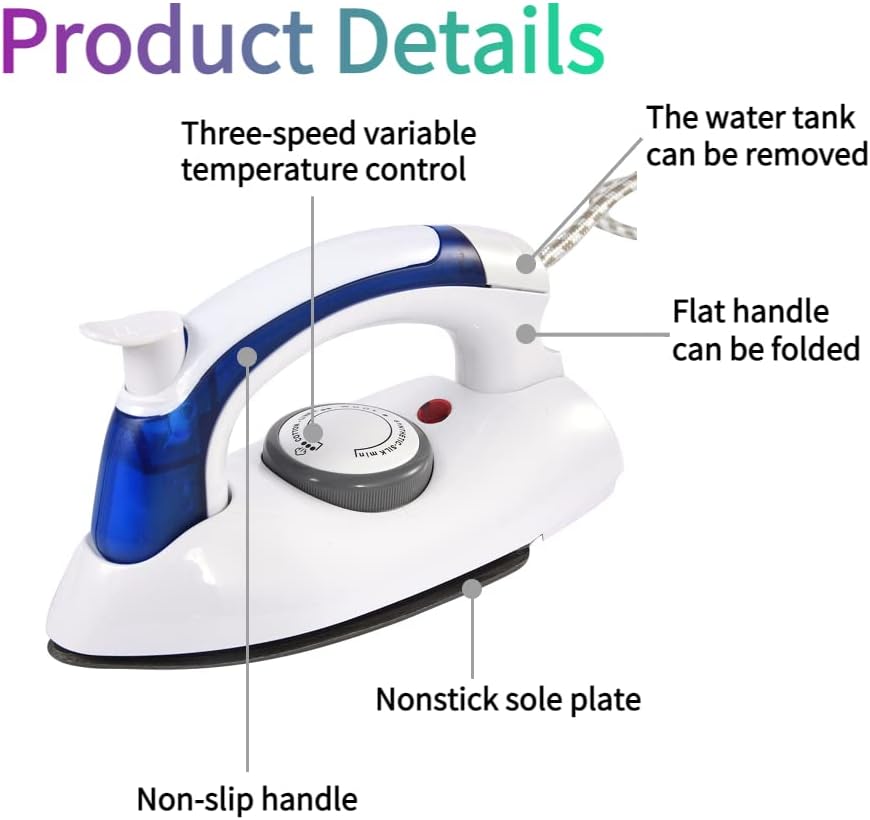 800W Portable Foldable Travel Electric Steam Iron Lightweight Compact Mini Iron with Removable Water Tank Adjustable Thermostat Control - Image 3