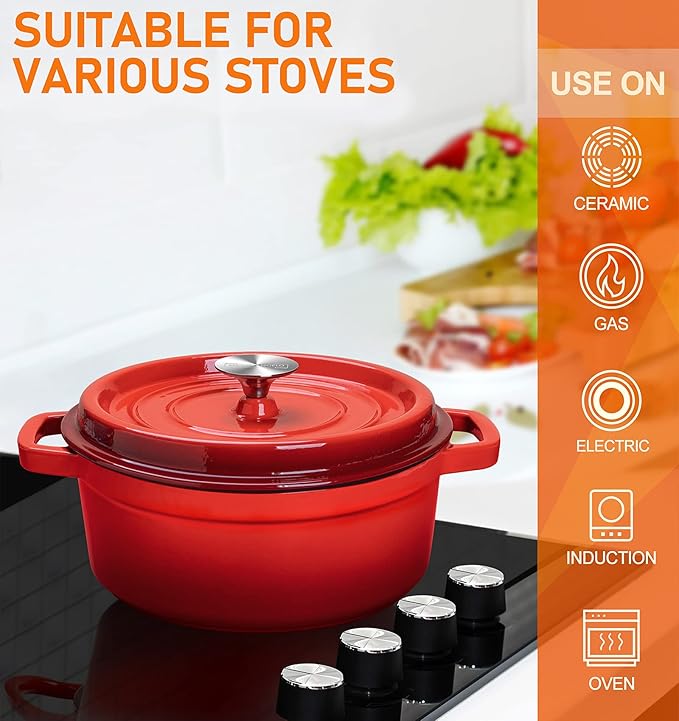 Premium Enameled Cast Iron Dutch Oven Casserole Dish with Lid – 4-Quart Heavy Duty Non-Stick Porcelain Coated Bread Baking Pot with Bonus Silicone Pinch Mitts for Slow Cooking Stews and Soups - Image 3