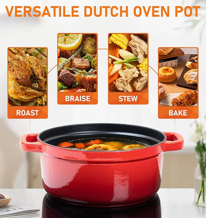 Premium Enameled Cast Iron Dutch Oven Casserole Dish with Lid – 4-Quart Heavy Duty Non-Stick Porcelain Coated Bread Baking Pot with Bonus Silicone Pinch Mitts for Slow Cooking Stews and Soups - Image 4