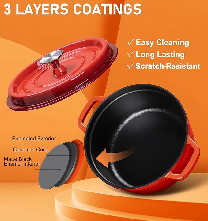 Premium Enameled Cast Iron Dutch Oven Casserole Dish with Lid – 4-Quart Heavy Duty Non-Stick Porcelain Coated Bread Baking Pot with Bonus Silicone Pinch Mitts for Slow Cooking Stews and Soups - Image 5