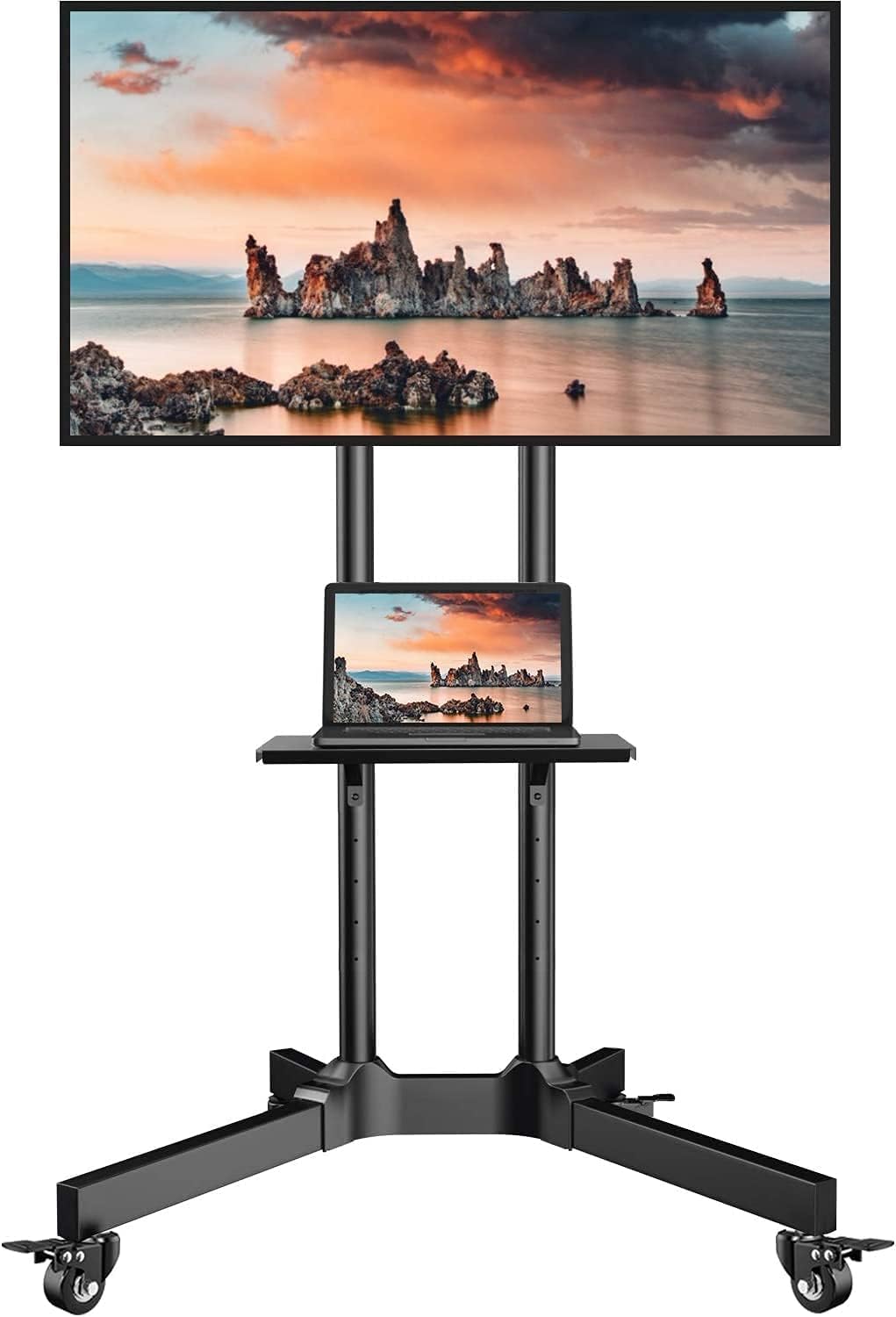 Premium Heavy-Duty Mobile TV Cart Stand with Wheels for 32 to 65 Inch Flat Curved Screens – Height Adjustable Rolling Television Floor Stand with AV Component Shelf 360° Swivel Casters Max VESA 600x400mm Universal Fit for Office Classroom and Home Media